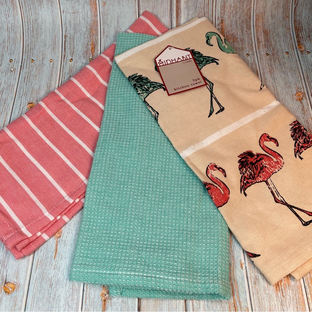 NWT Flamingo, Coral, and Turquoise Kitchen Towel Trio Set Waffle Knit and Stripe